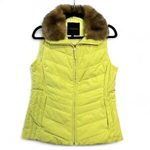 Talbots Yellow Down Puffer Vest Sz XS Fur Collar Preppy Luxe Dopamine Old Money